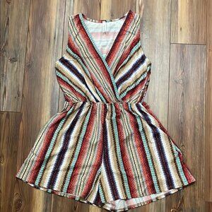 Women’s Multicolor Striped Criss-Cross Front Shorts Romper With Pockets Size L